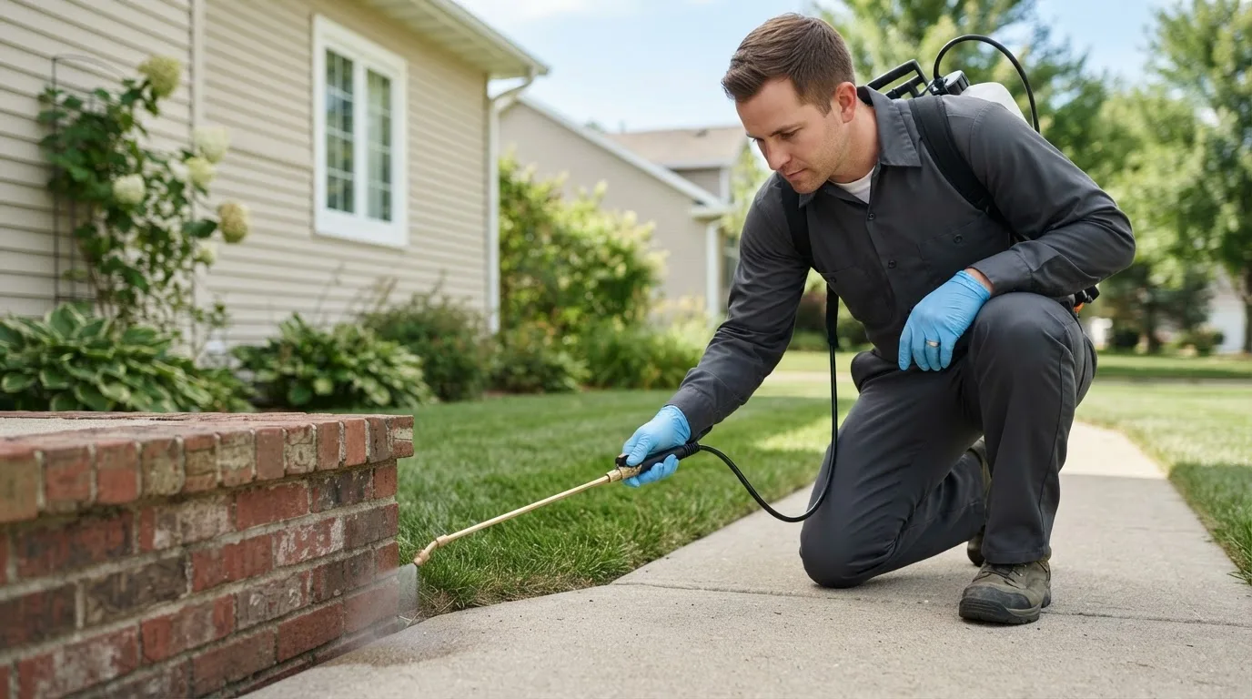 Pest control technician treating a home near De Ruyter, NY